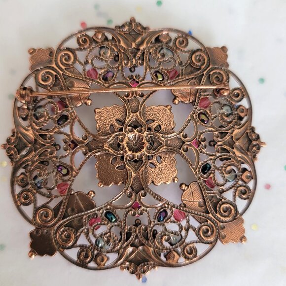 SATELLITE PARIS VINTAGE AMETHYST FACETED GLASS ON DETAILED COPPER BROOCH - Picture 3 of 4